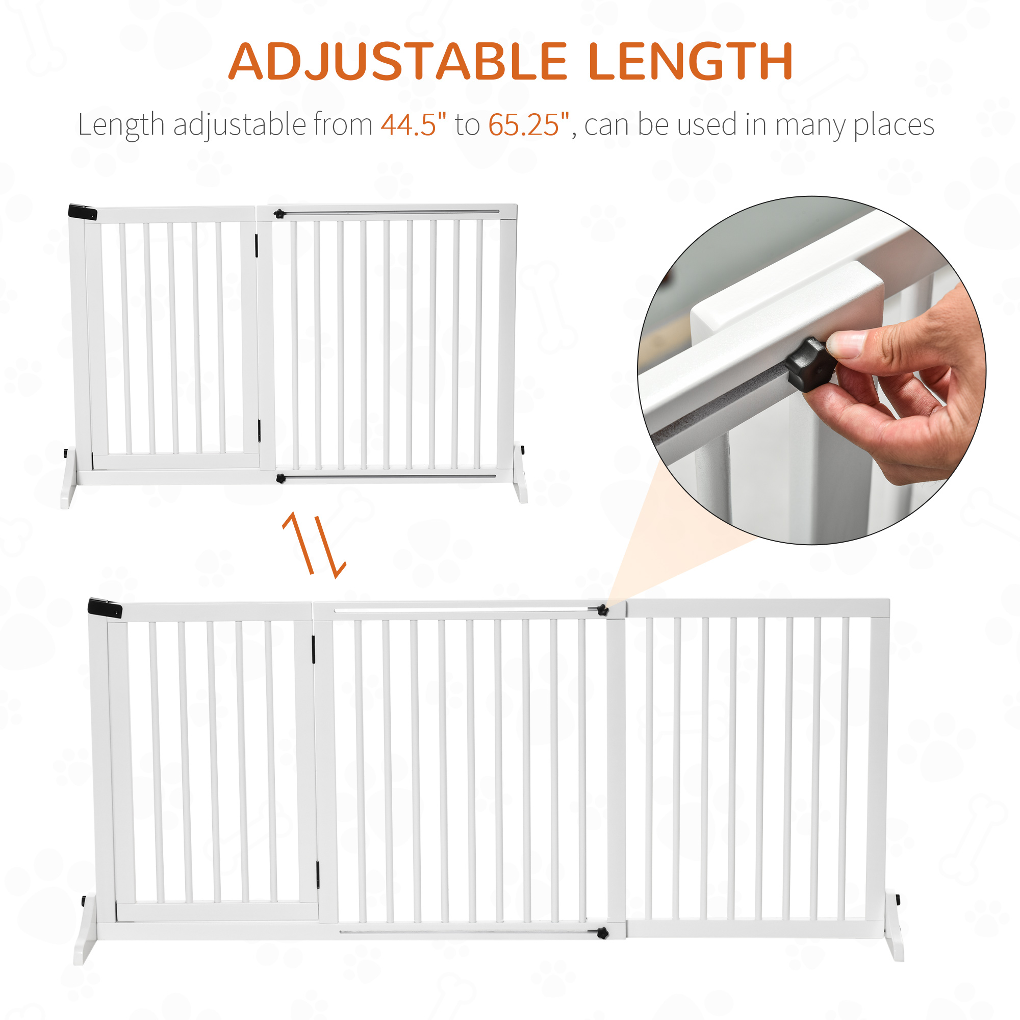 Freestanding Length Adjustable Wooden Pet Gate with Lockable Door 3 Panels, White — image 6