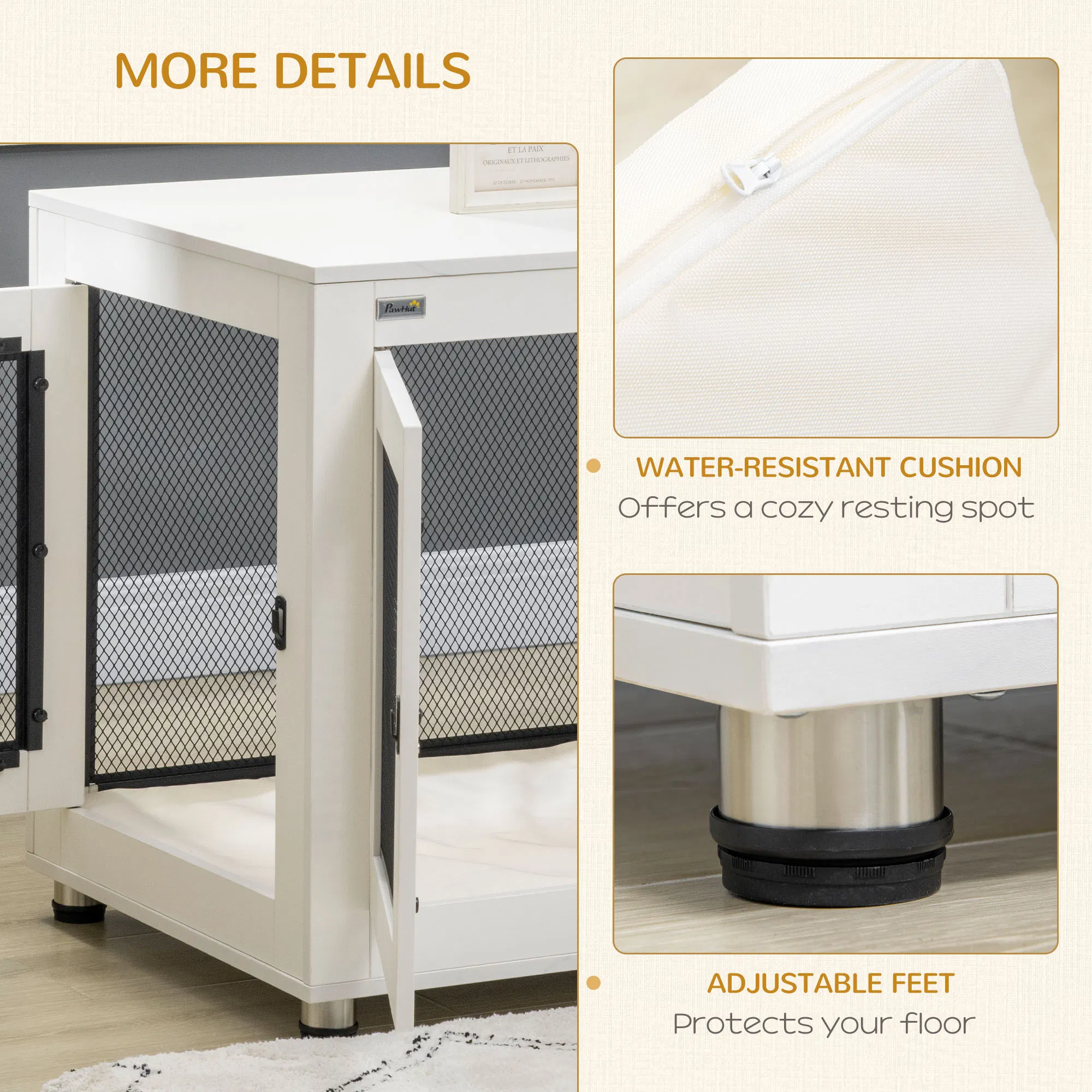 Pet Crate End Table with Water-resistant Cushion or Large Medium Dogs, White — image 2