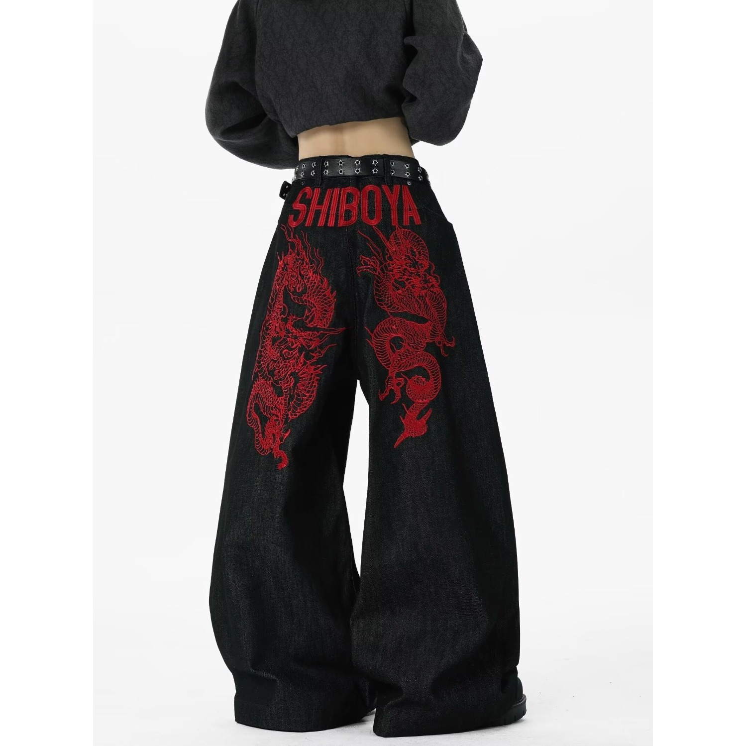 Red Dragon Embroidery Knife Jeans Men Loose Casual Cargo Wide Leg Long Pants — image 2