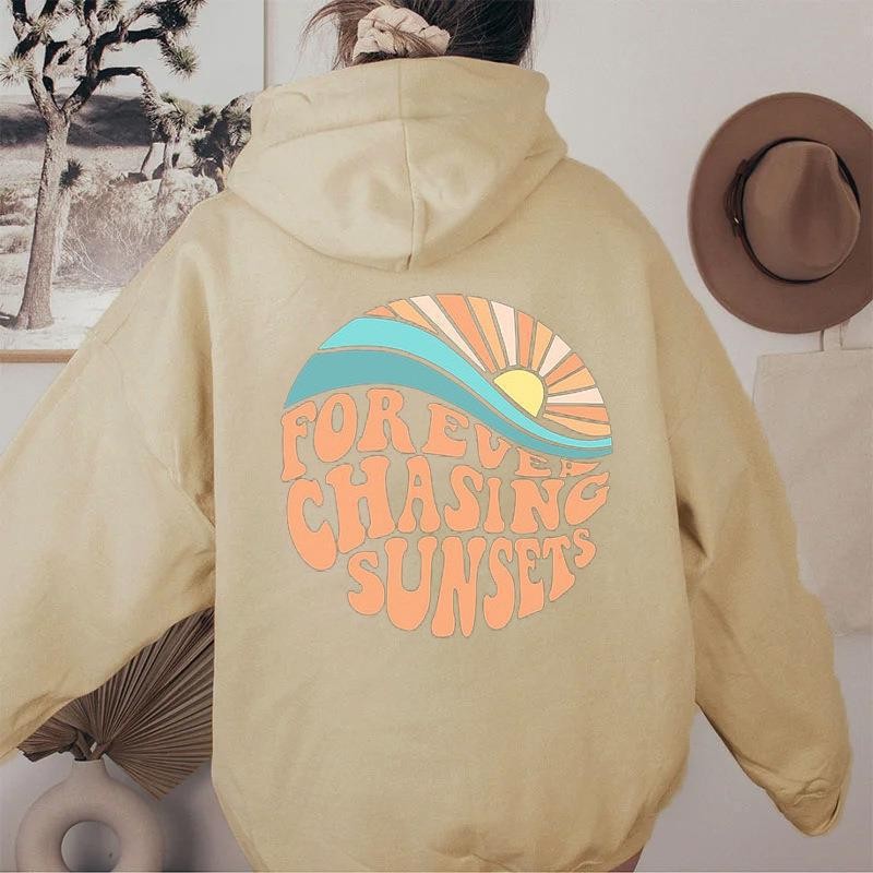 Sunset Print Kangaroo Pocket Drawstring Hooded Women's Fleece Sweatshirt — image 10