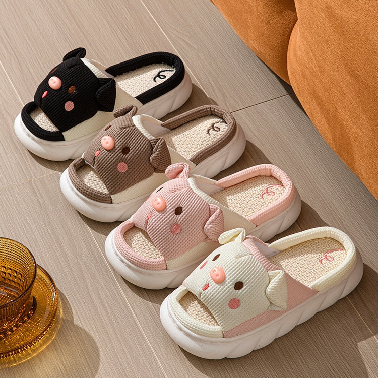 Zapatillas de Cerdo Adorables con Dedo Abierto en Lino para Hogar, Zapatos de Pareja para Mujer y Hombre con Diseño de Cerdo — imagen 1