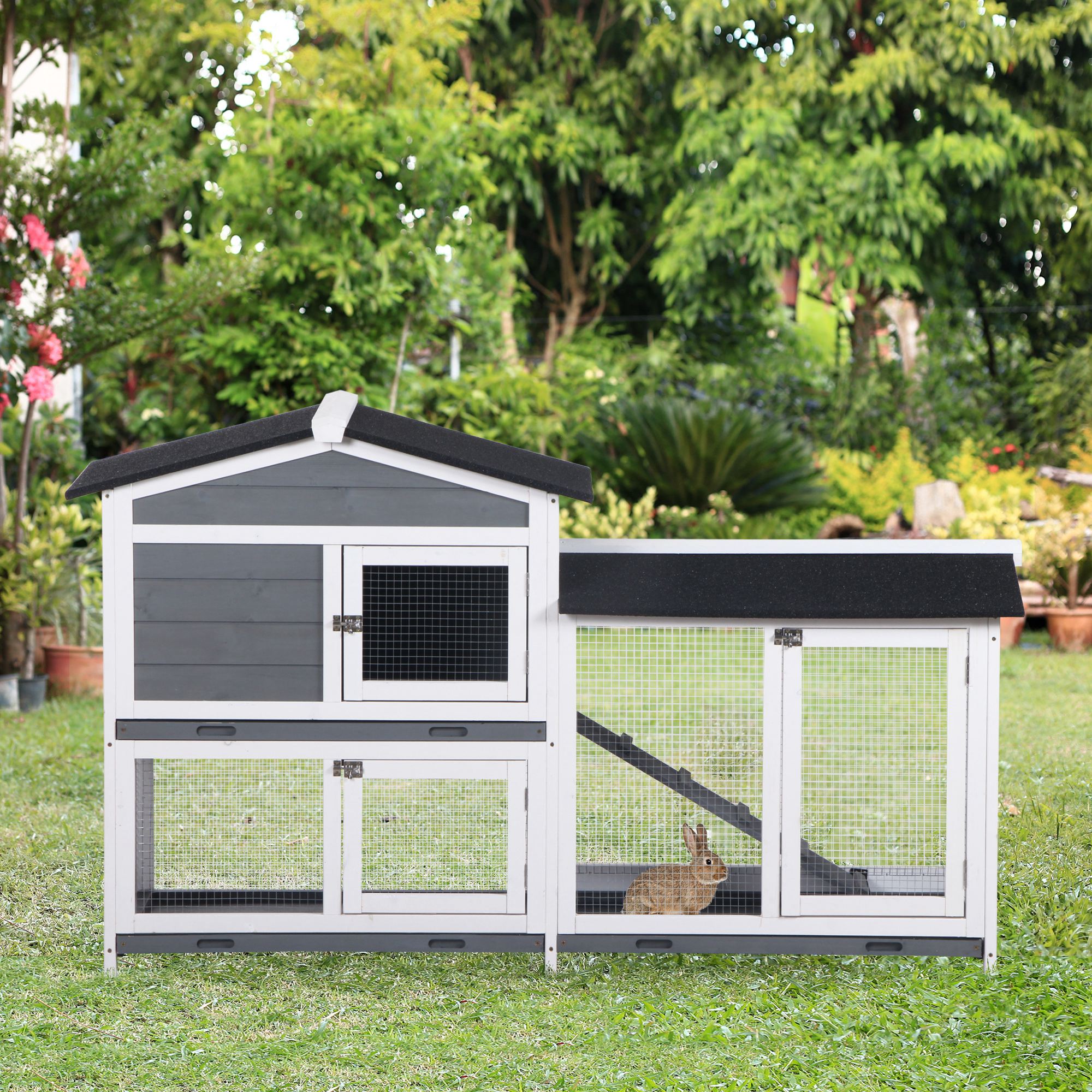 Recinto Interior para Conejos de 2 Niveles, Conejera de Madera para Patio Trasero, Casa para Animales Pequeños con Rampa, Corral Exterior Cerrado — imagen 7