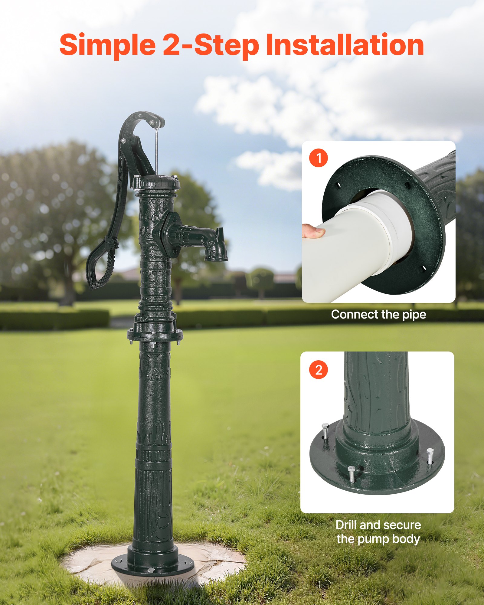 Pompa de Mano Manual de Hierro Fundido Antiguo, 20 Ft Máximo Ascenso, Diseño Clásico con Base para Elevar, Conexión NPT 1-1/4 Pulgadas, Instalación Fácil, Para Jardín, Piscina, Cuenca, Granja y Acuicultura — imagen 4