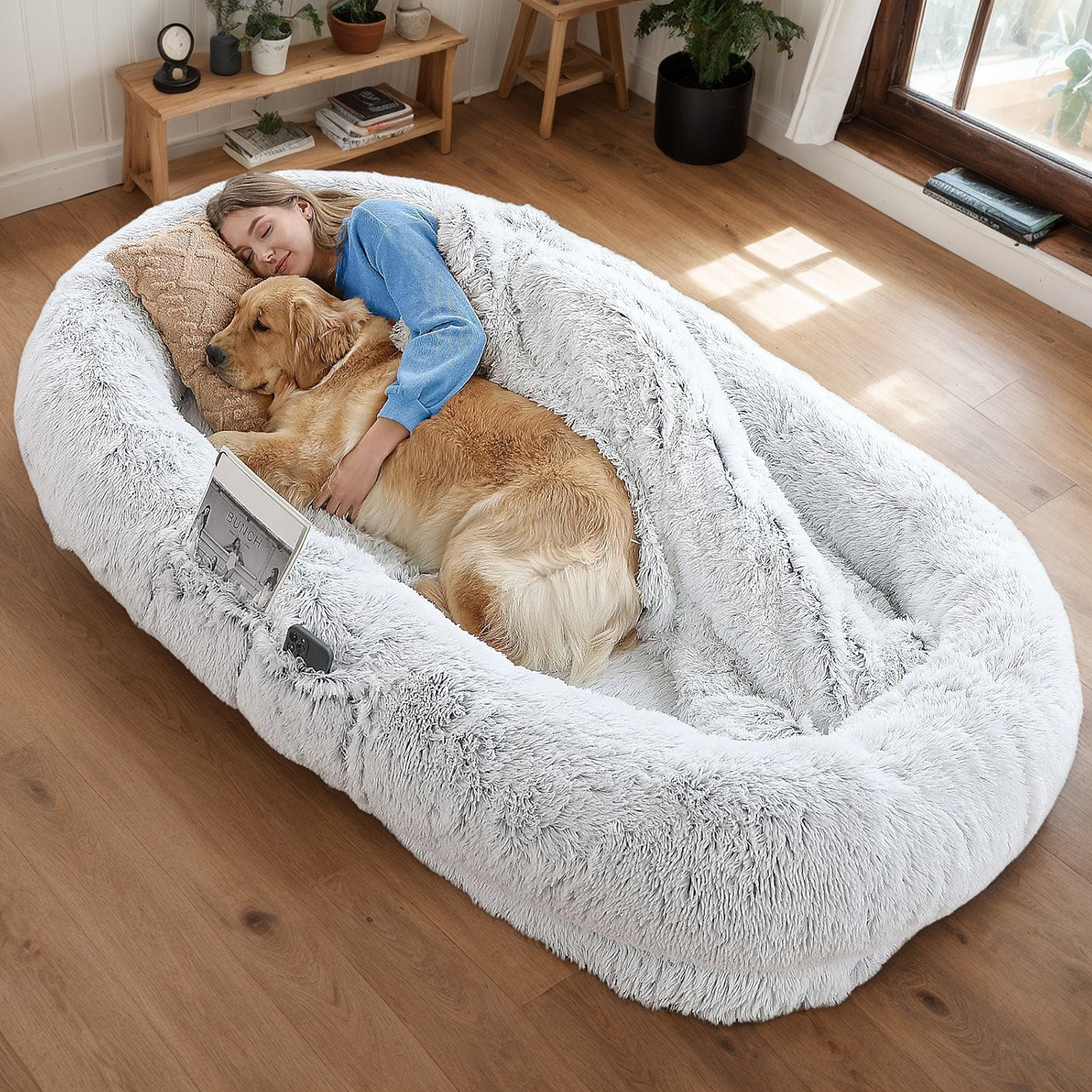 Cama para Humanos y Mascotas, Felpa Sintética Lavable para Descansar Juntos, Colchón Ortopédico de 71''x45''x14'', Perfecto para Tú y Tu Compañero (Gris) - Cobijas y Almohadas NO INCLUIDAS — imagen 4