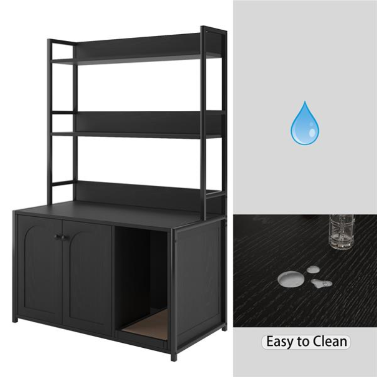Large Cat Litter Box Enclosure With Shelf Storage, Hidden Cat Washroom Furniture, Wooden Cat House With Scratch Pad, Sturdy Indoor Cat Cabinet With 2 Doors Black — imagen 1