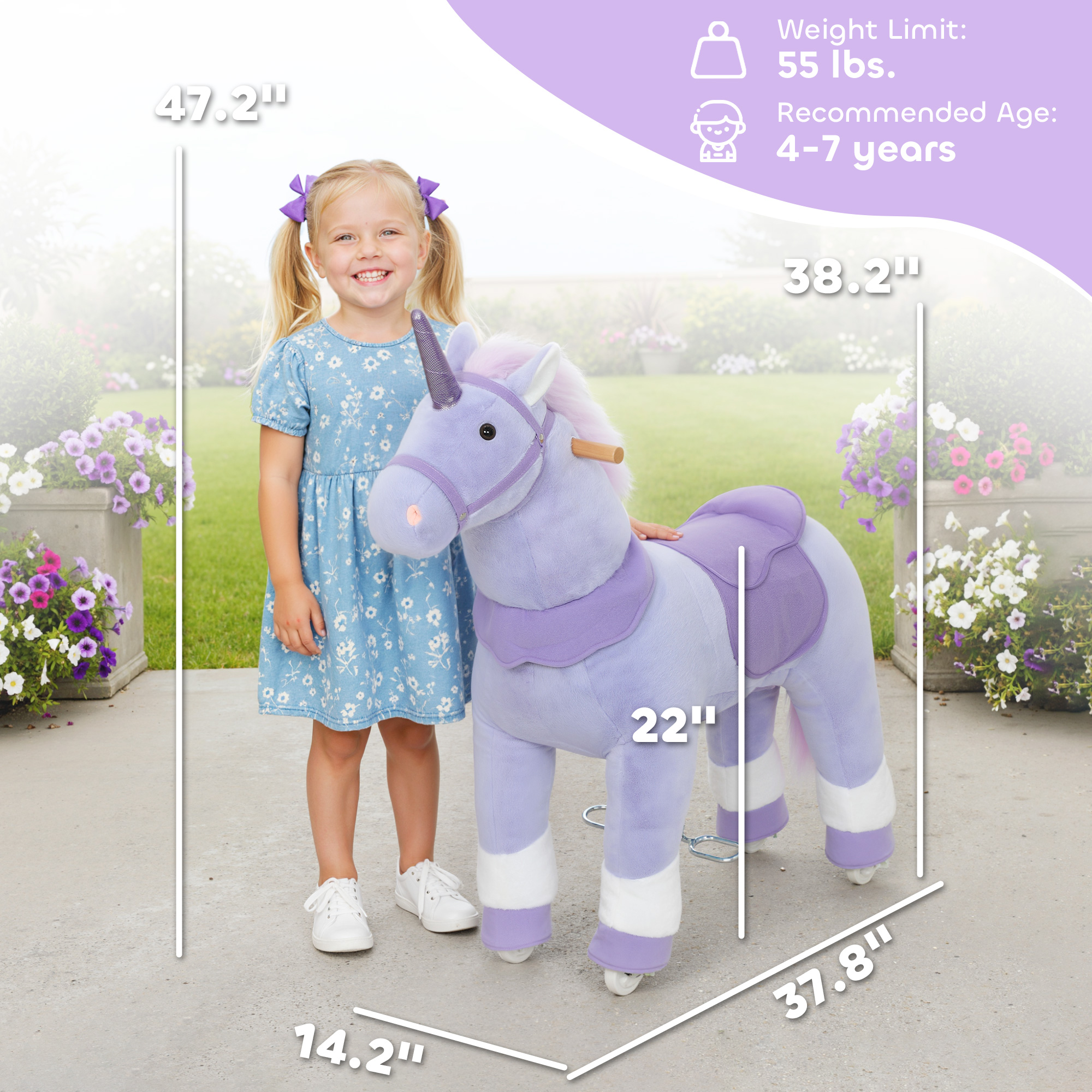 Ride on Unicorn Toy for Kids 4-7 Years, 37.8 Inch Plush Baby Rocking Horse with Wheels, No Battery Required, Purple — image 7