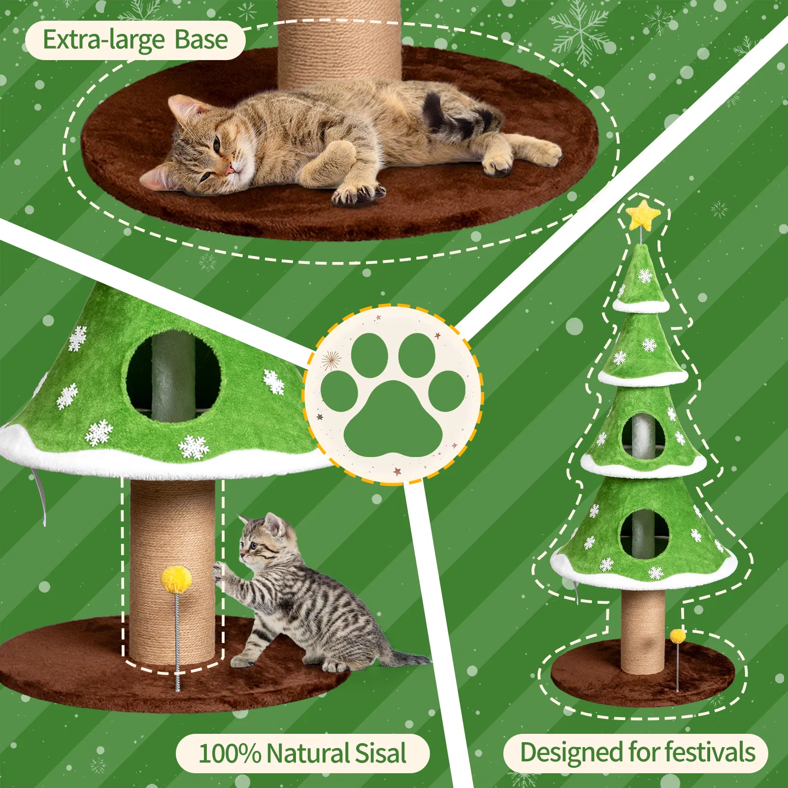 Large Tall Christmas Tree Cat Tower with 2 Cat Condos & Scratching Post, Soft Fleece Cat Tree with Teaser Toy & Sturdy Base & Built-in Openings for Indoor Cats, Green & White — image 4