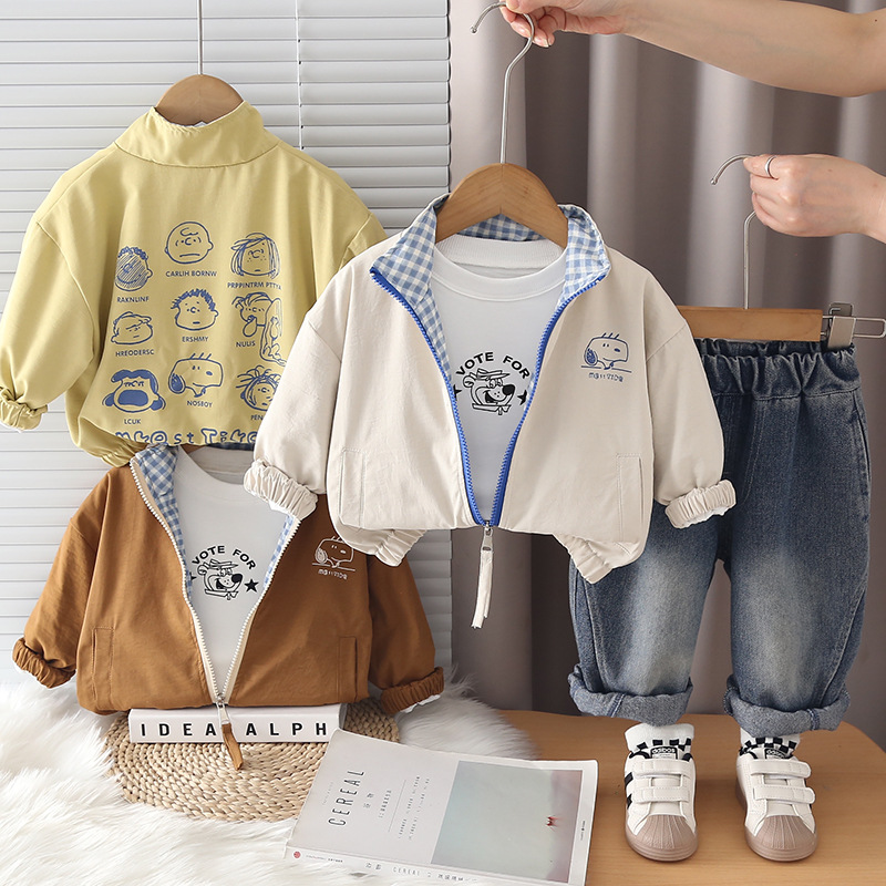 Casual Cartoon Printed Dog Head Zip-Up Jacket Three-Piece Set for Toddler Boys — image 3