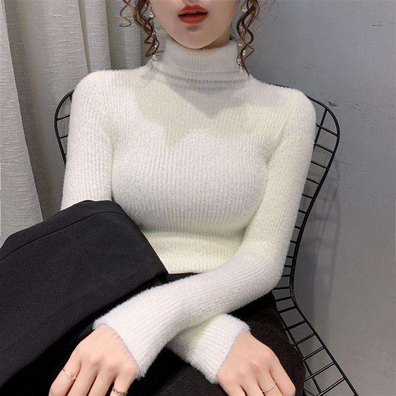 Women's Long Sleeve High Neck Slim Fit Thickened Faux Mink Knit Sweater — image 6