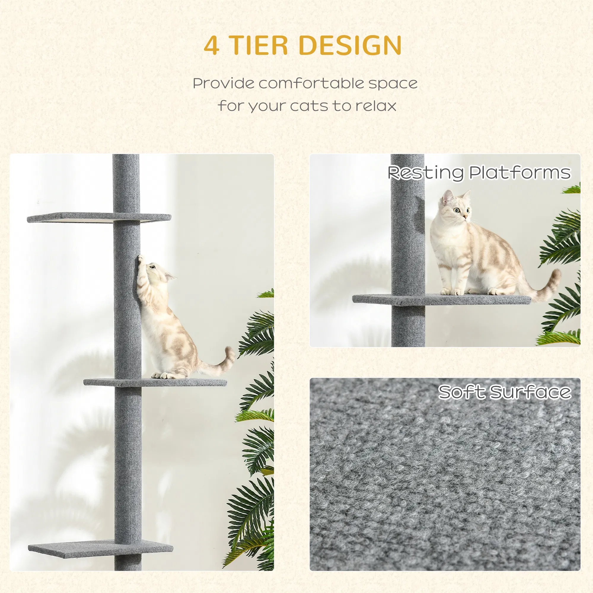 100" Floor To Ceiling Cat Tree w/ 3 Perches Activity Center for Kittens Cat Tower Furniture, Grey — image 5