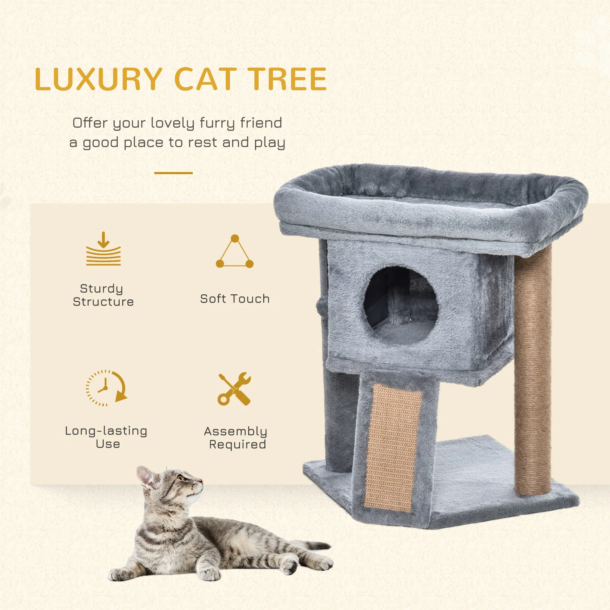 Cat Tree, Small Cat Tower with Perch, Scratching Post, Cat Condo, Toy Ball for Kitty, Indoor Use, Grey — image 2