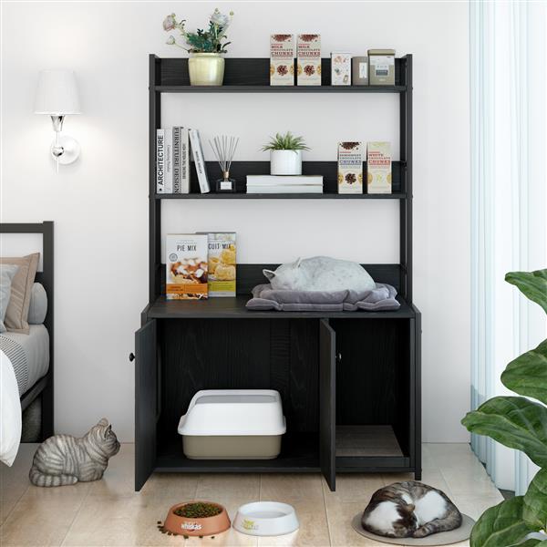 Large Cat Litter Box Enclosure With Shelf Storage, Hidden Cat Washroom Furniture, Wooden Cat House With Scratch Pad, Sturdy Indoor Cat Cabinet With 2 Doors Black — imagen 10