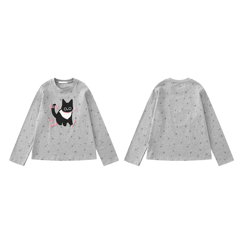 Cute kitten loose long sleeved shirt with floral patterns — image 4
