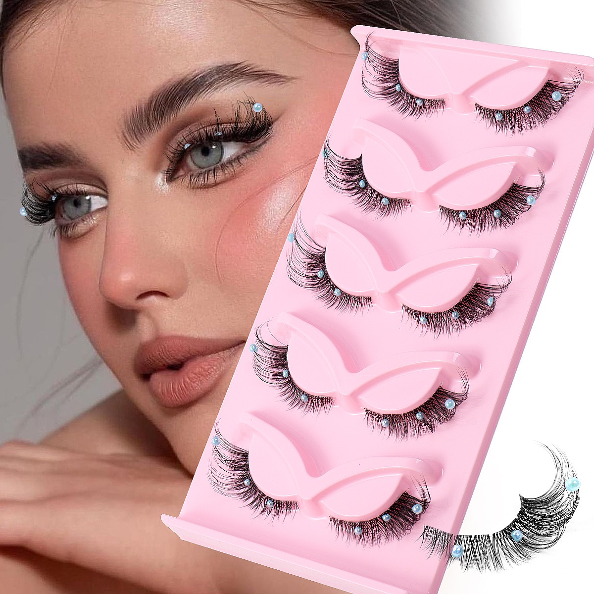 5 Pares de Pestañas Postizas en Racimo, Banda Transparente, Estilo Ojo de Gato Alado Estilizado 3D, Pestañas Dramáticas para Maquillaje — imagen 1