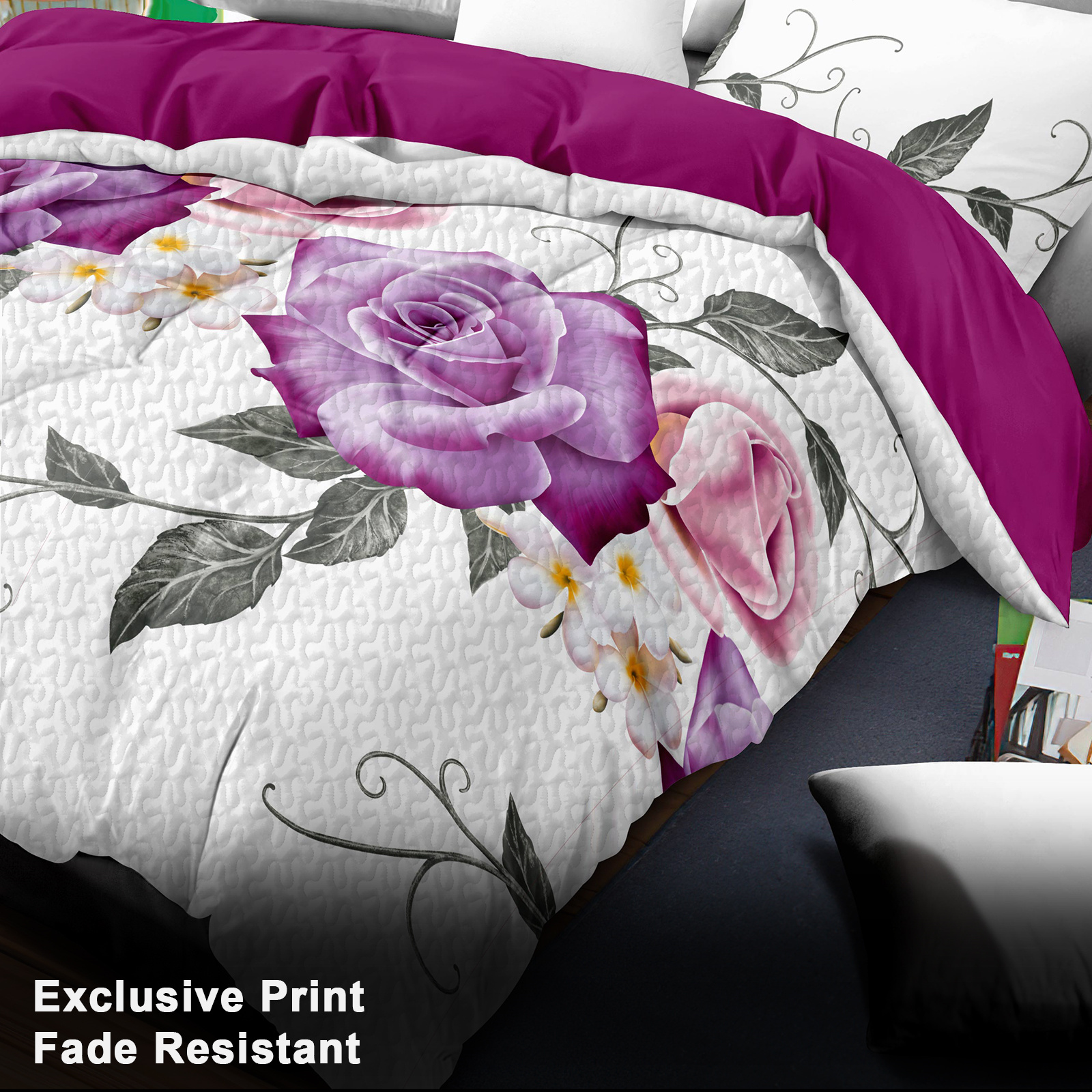Set de Edredón y Cortinas de 9 Piezas 'Habitación en una Bolsa', Diseño Americano con Estampado Floral de Rosas Magenta y Morado Intenso, Colcha Gruesa con 6 Paneles de Cortina Personalizables, Apto para Mascotas de Alto Gramaje — imagen 9