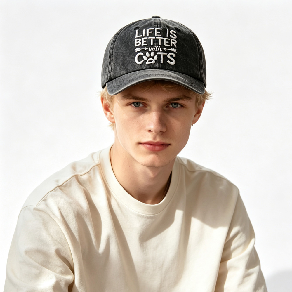 2 Piezas de Gorra de Béisbol Lavada y Desgastada, Gorra de Algodón Vintage con Bordado 'Life Is Better With Cats', Gorra Casual con Huella de Pata de Gato para Amantes de los Gatos — imagen 4