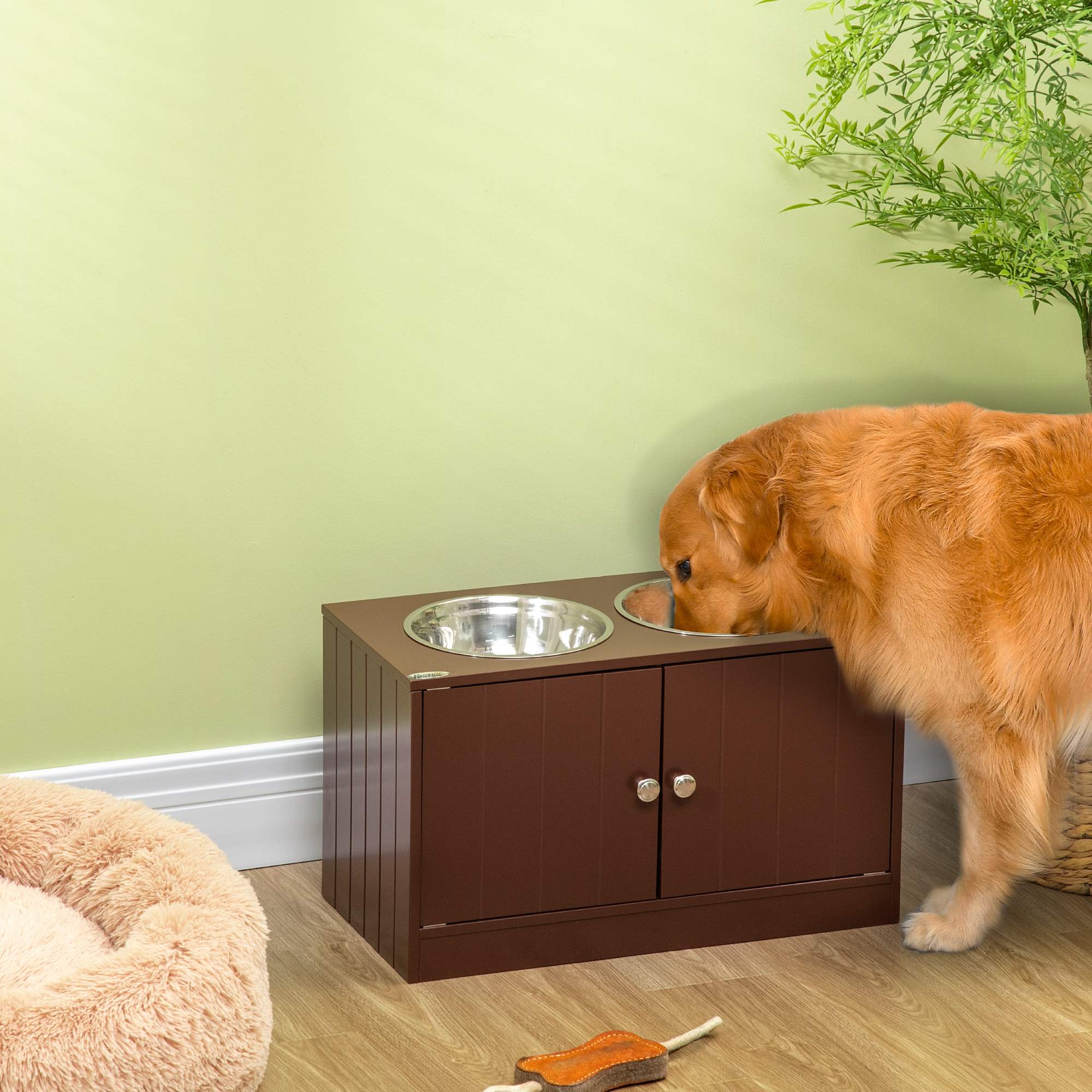 Comedor para Perros Elevado con Almacenamiento, Estación de Comida para Mascotas, Madera y Acero Inoxidable, Marrón — imagen 1