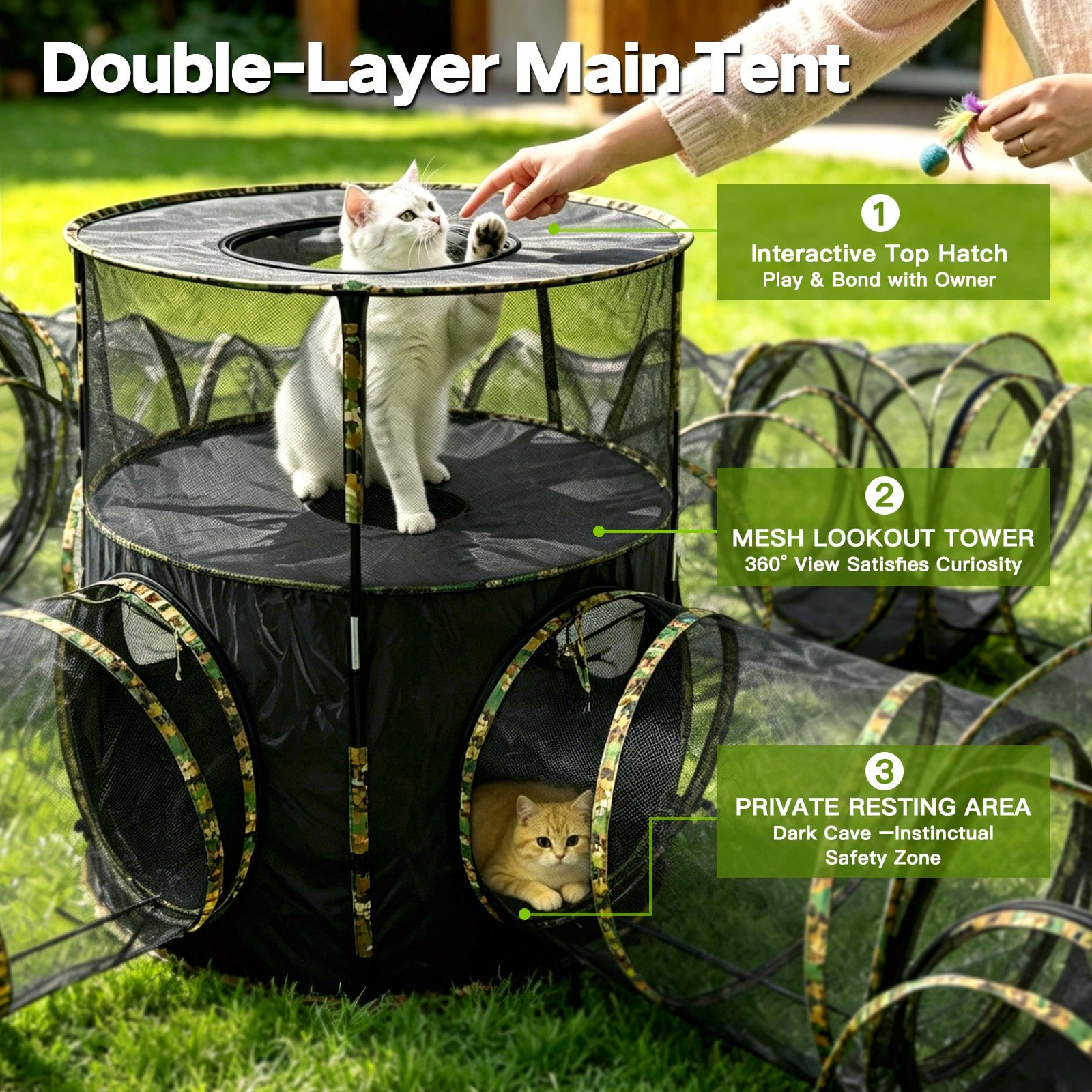3 In1 Catio Outdoor Cat Enclosure, 2-Tier Cat Tents With Tunnels For Indoor Cats Pop Up Cube, Pet Tower Playpen With Tunnels And Tents — image 4