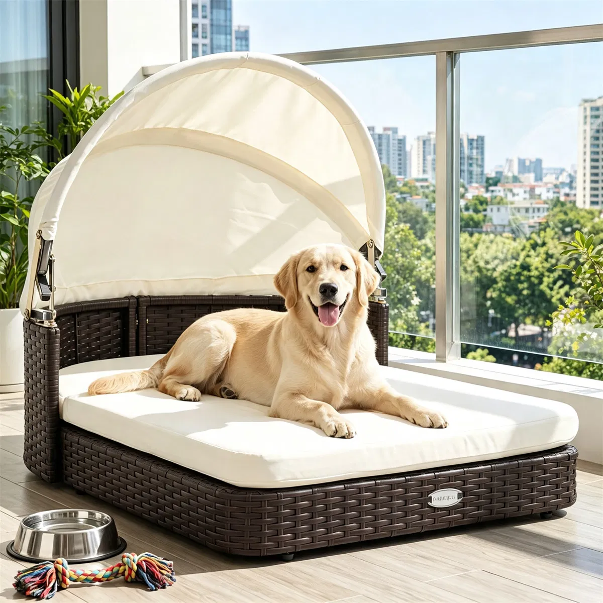 Hand-Woven PE Rattan Dog Bed with Adjustable Canopy, Elevated Outdoor Pet Daybed with Washable Plush Cushion, Anti-Slip Breathable Pet Shelter for Indoor Patio Garden-White — image 8