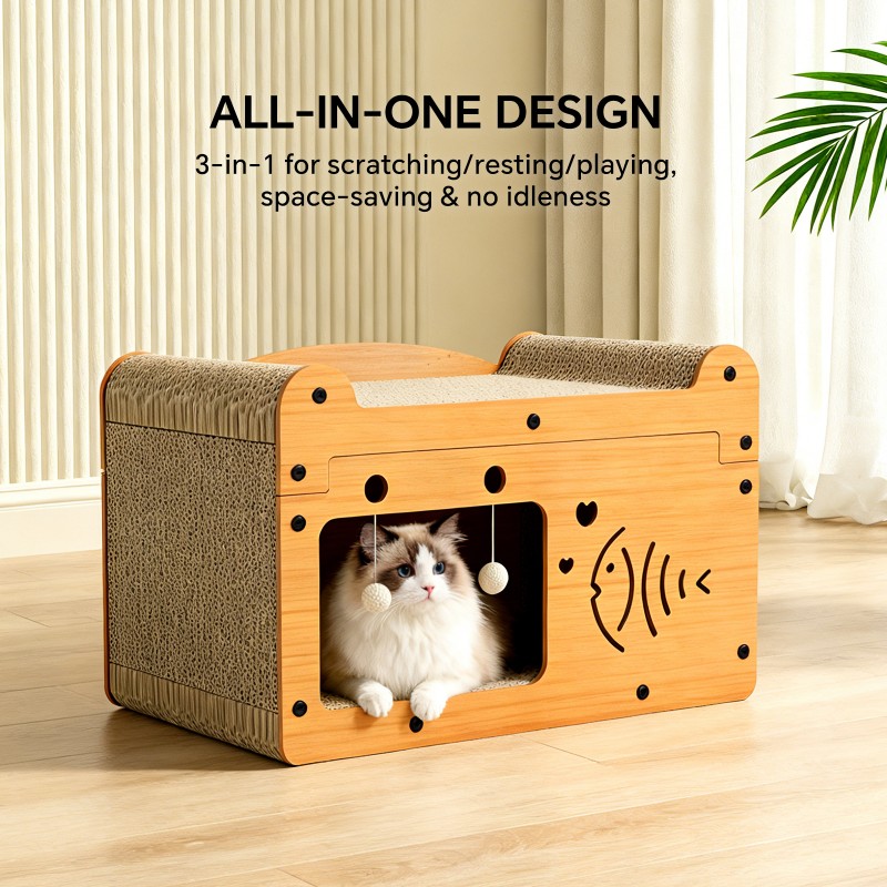Bubble Fish Shape Cat Scratcher Sofa, With 2 Teaser Balls, Wood -Corrugated Scratcher, Cat Claw Care - Resting Toy — image 4