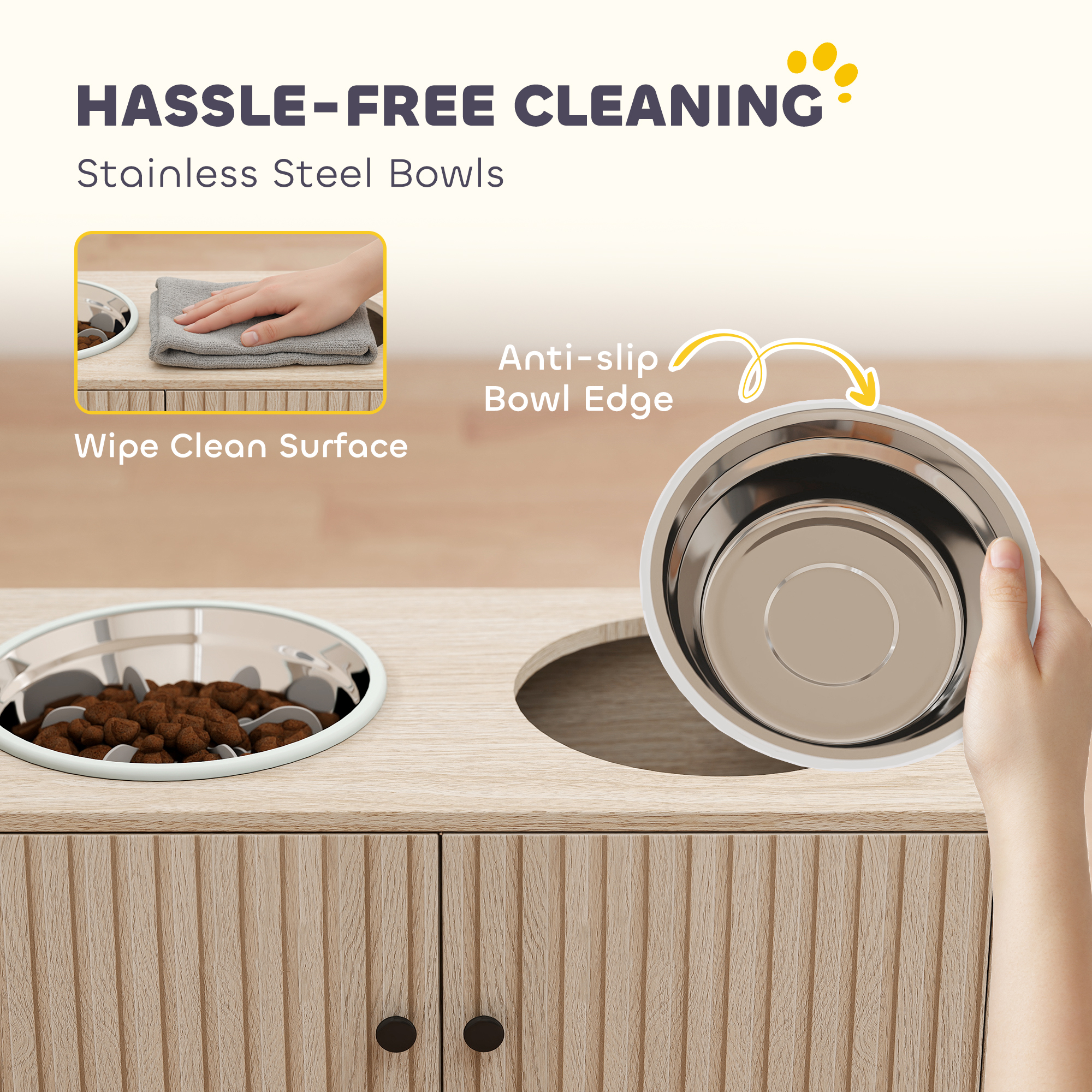 Comedor para Perros Elevado con Almacenamiento, 2 Tazas de Acero Inoxidable, Ralentizador de Comida, Estación de Alimentación para Perros Grandes, Roble — imagen 4
