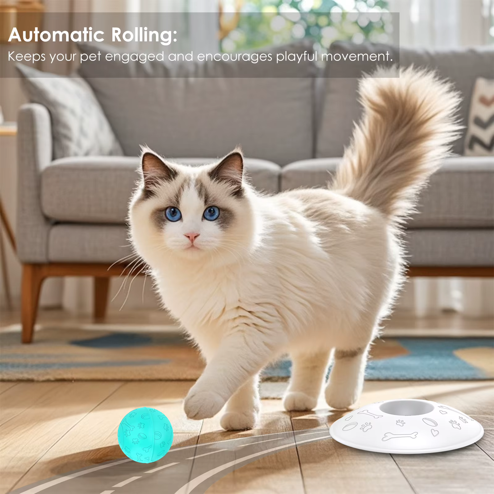 Juguete Electrónico 3 en 1 de Bola Rodante Automática para Gatos, con Sonido y Grabación, Varita Interactiva y Comedero Lento - Regalo Diario Interactivo para Gatos — imagen 4
