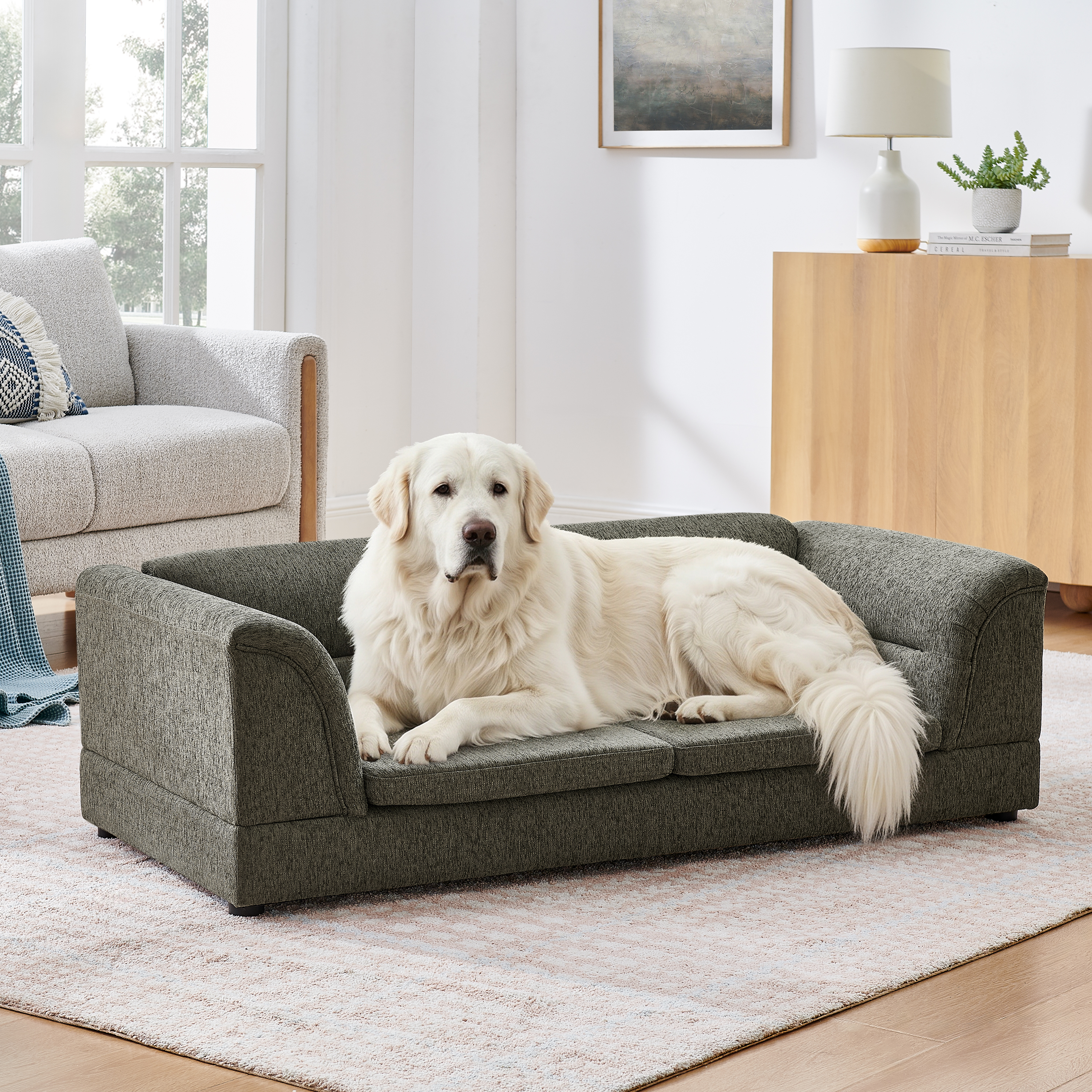 Oversized Pet Sofa, Curved Armrest Rectangular Dog Sofa, Linen Fabric Comfort Pet Couch for Large & Oversized Dogs-Dark Gray — image 1
