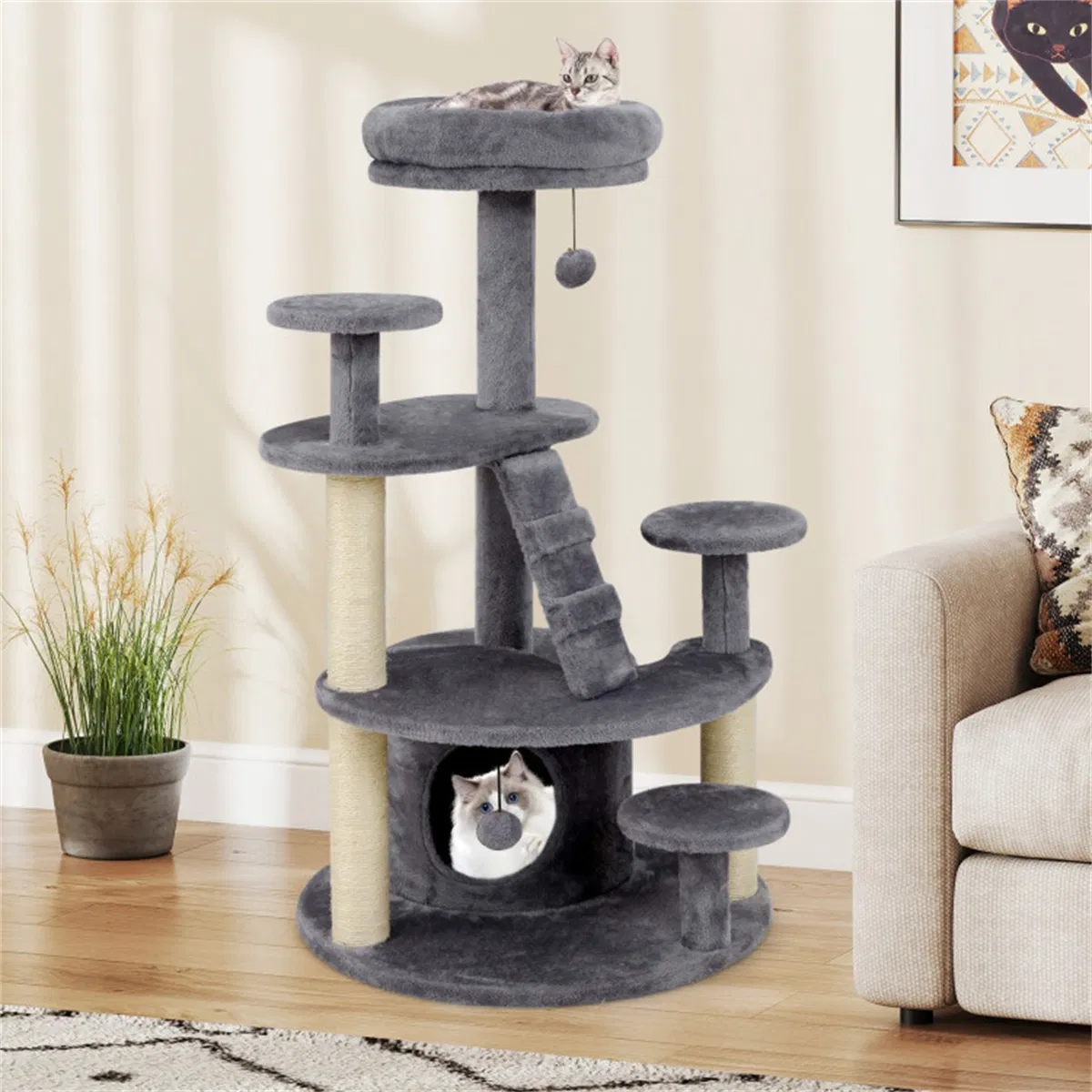 40" Multi-Level Cat Tree for Munchkin & Old Cats - Stable Wide Base, Soft Padded Perch + Large Condo (Gray) — image 4