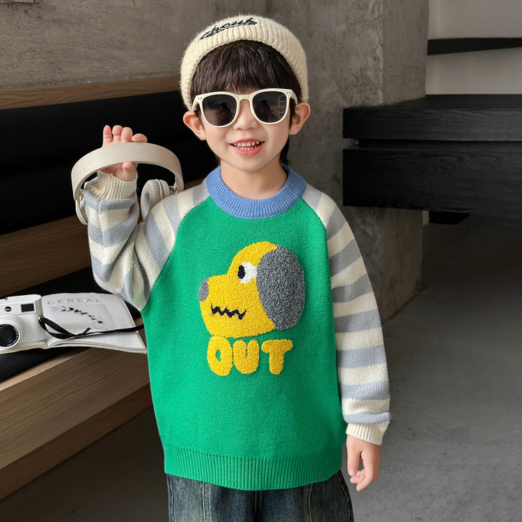 Boys' Long Sleeve Striped Dog Pattern Crew Neck Sweater — image 2