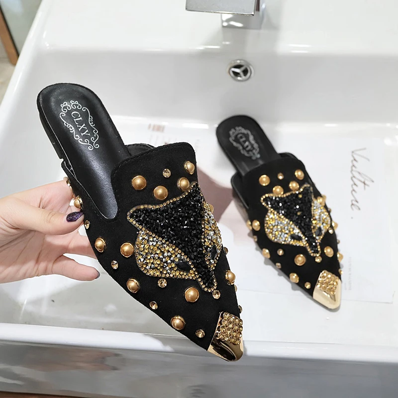 Women Shoe Fashion String-bead Pointed Rhinestone Rivet Flat Women Slippers Slip-On Mules Loafer Sandals Slides Ladies Shoes — image 7