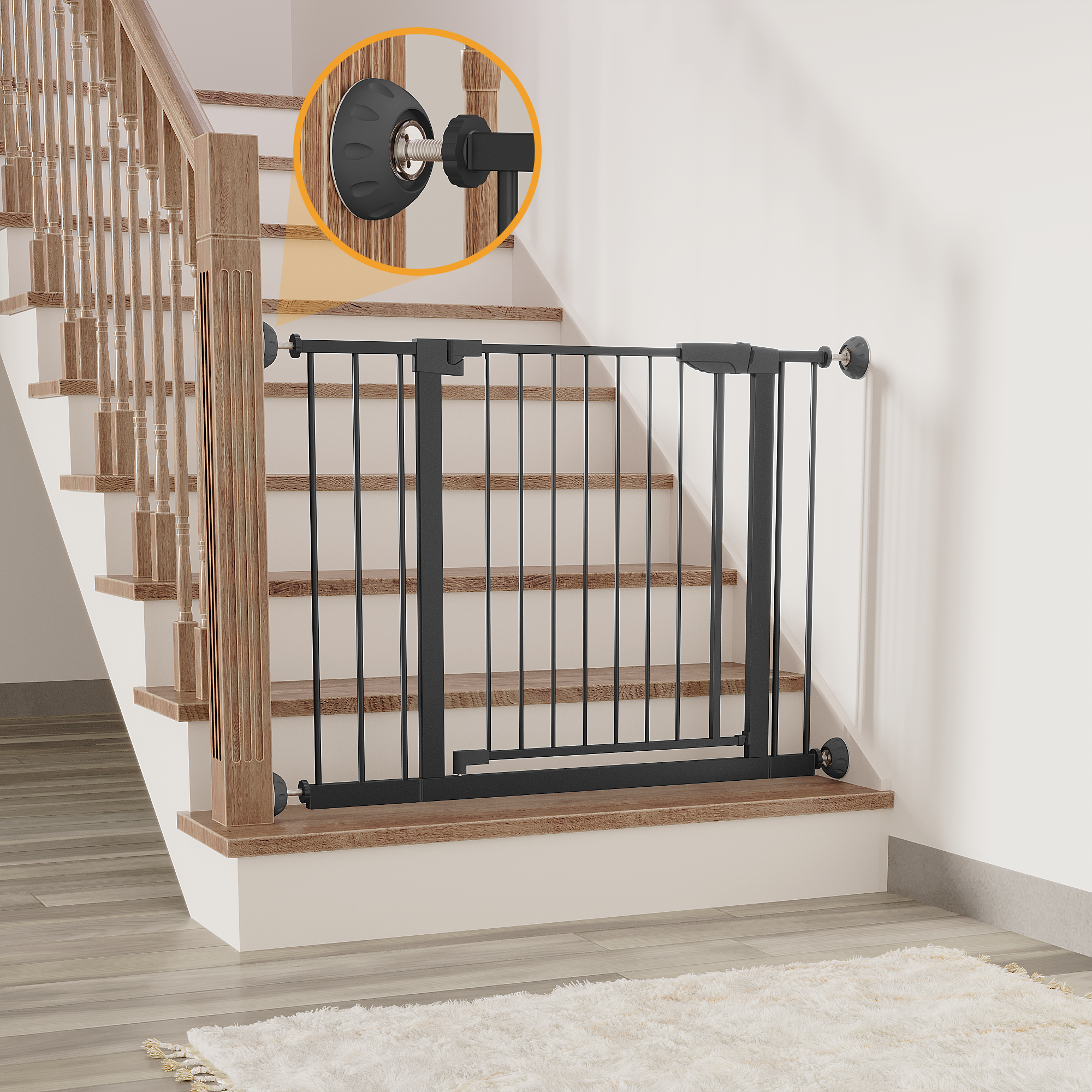 Reja para Bebés Ancha de 29.5-45.3" con Protector de Pared para Escaleras, Reja para Perros de Interior para Puertas, Sin Taladrar, Montaje a Presión, Rejas para Mascotas para Niños, Reja de Seguridad Fácil de Cruzar, Negra — imagen 15