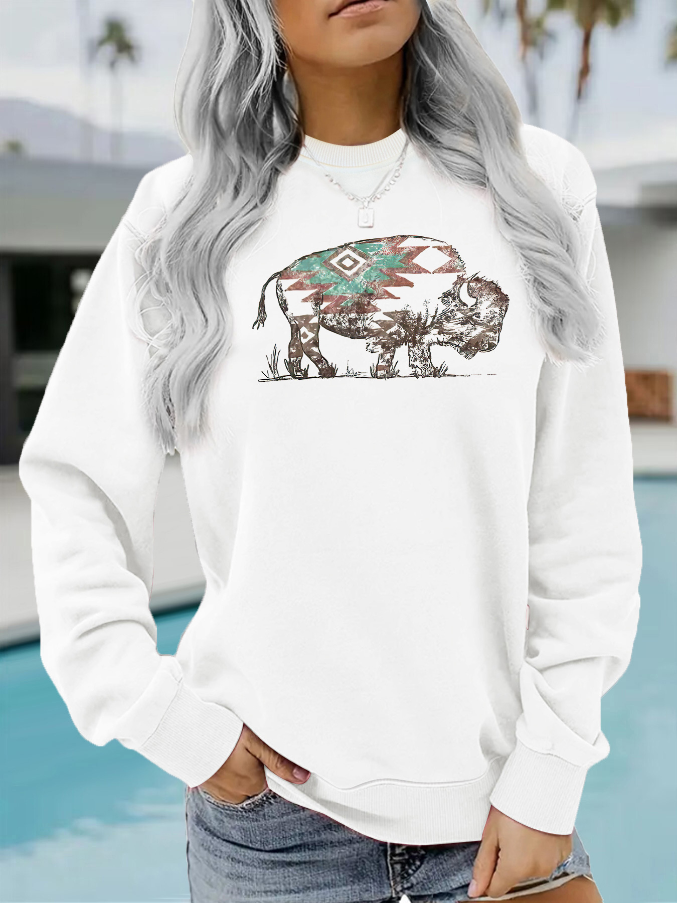 Buffalo print round neck fleece hoodie — image 7