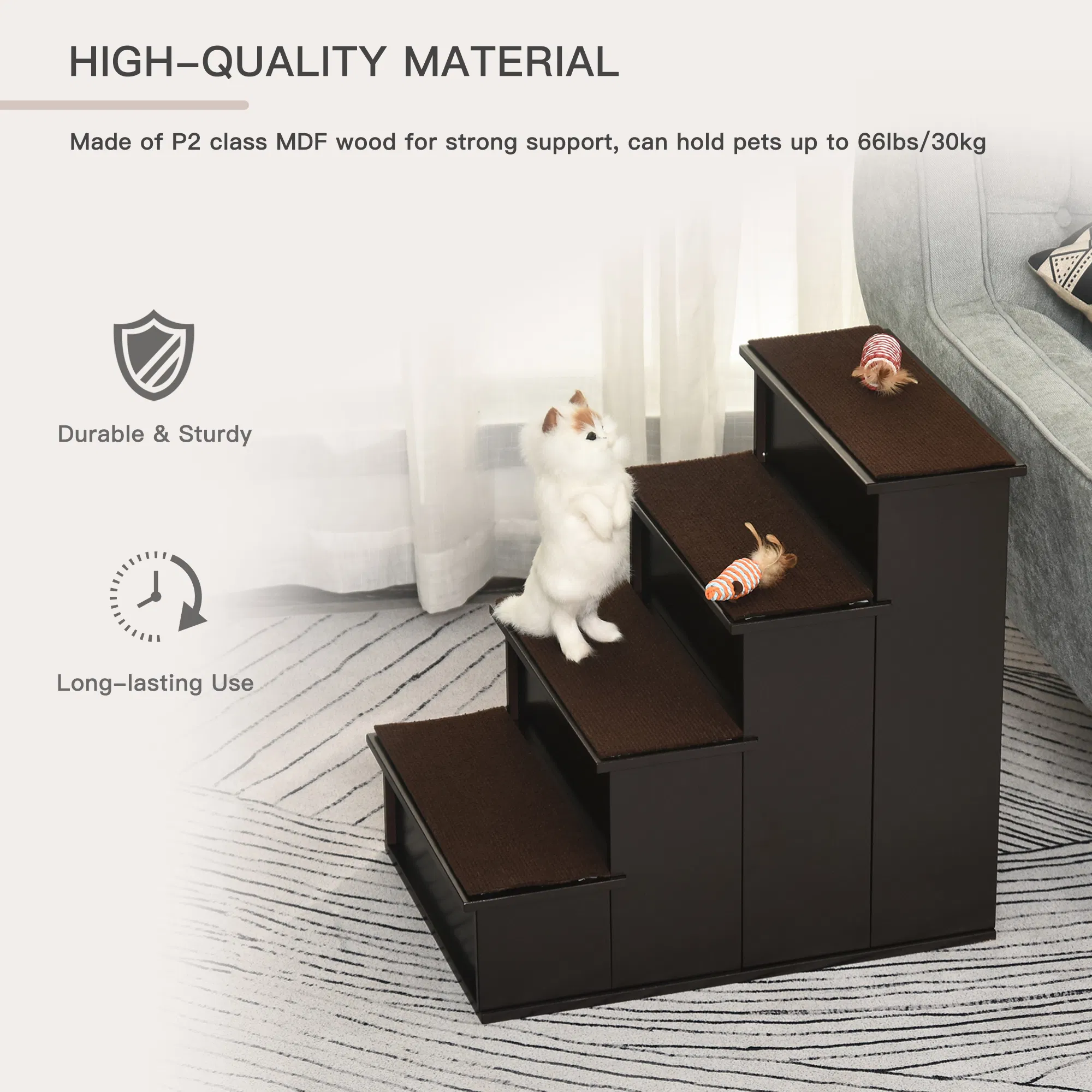 4 Levels Wooden Dog Steps Pet Stairs for High Bed, Cat Ladder for Bed Couch with Non-Slip Carpet, Dark Coffee — image 3