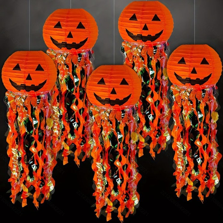 Halloween Paper Lantern DIY Handmade Jellyfish Pumpkin Head Lantern Hanging Decoration Prop Decor Scary Haunted House Door Hanging Ornament — image 3