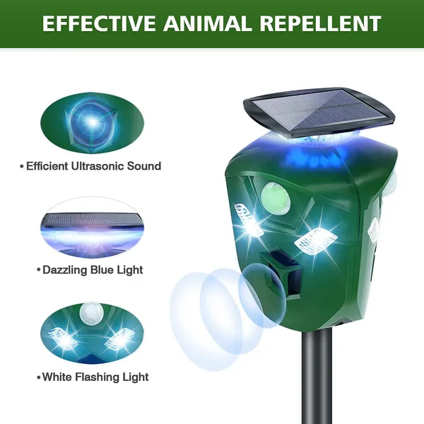 Electric Solar Powered Ultrasonic Animal Repeller 360° Ultrasonic Animal Driver With Motion Sensor LED Flashing Lights Waterproof Outdoor Animal Repellent For Farm Garden Yard — image 2