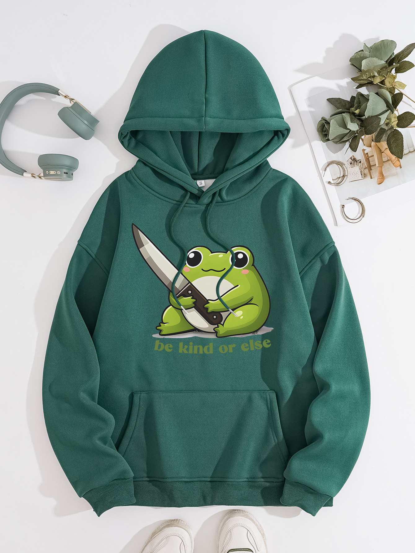 Cute frog print hoodie top — image 12