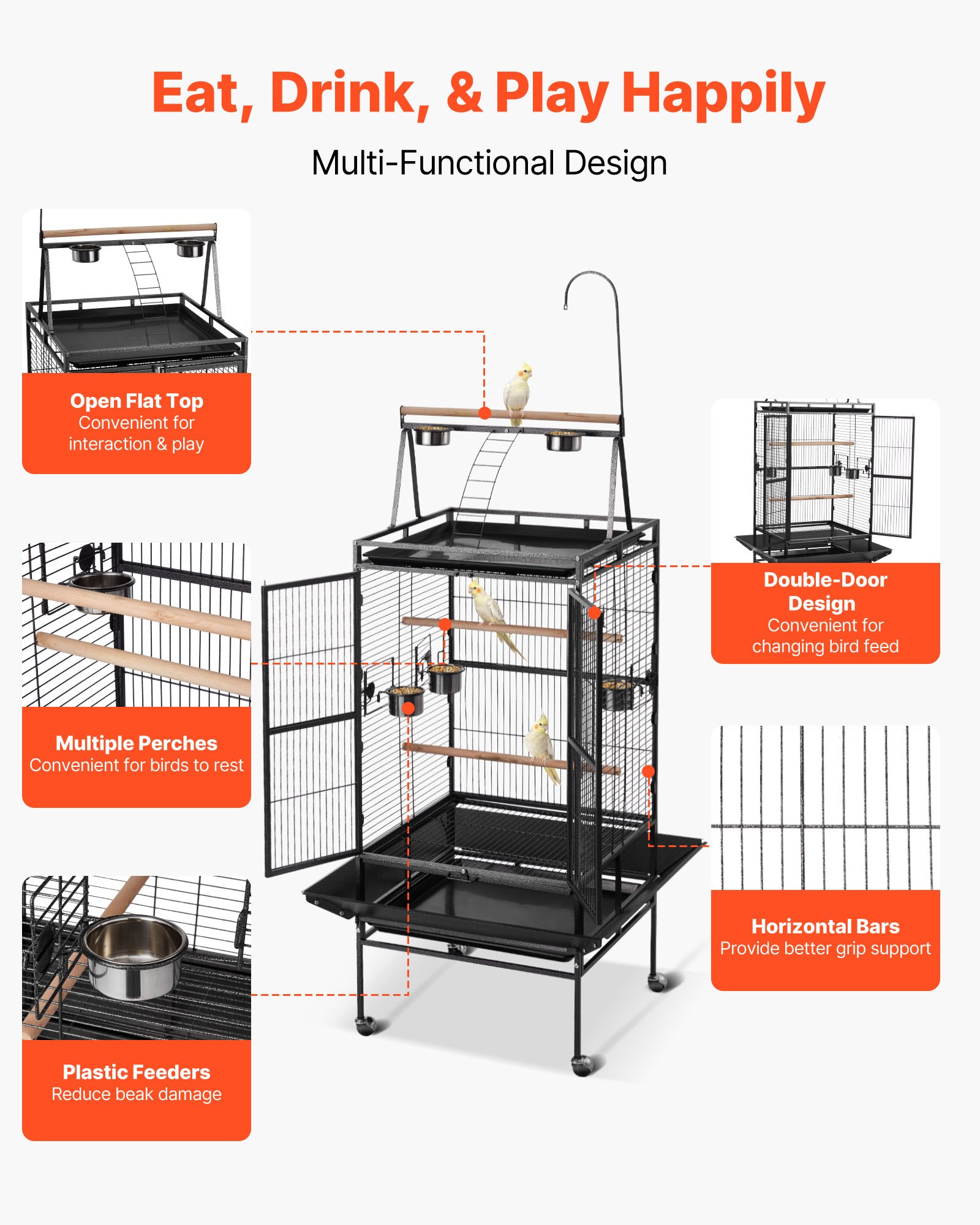 Bird Cage, 32.7 X 31.1 X 82.7 Inch, Open Flat Top, Wrought Iron Bird Flight Cage With Perches, Slide-Out Tray, Plastic Feeders, For Cockatiel, Monk Parakeet, Amazon Parrot, African Grey Parrot — image 5