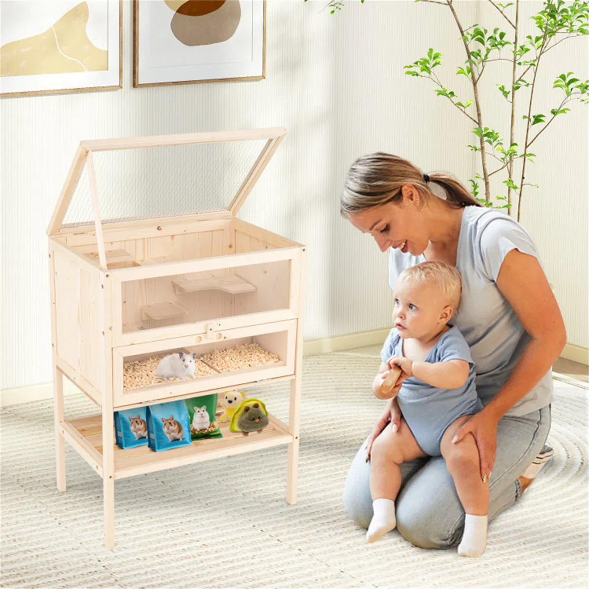 31.5 " Fir Wood Hamster Cage with Flip Mesh Roof, Multi-Level Activity Areas & Bottom Storage Shelf — image 3