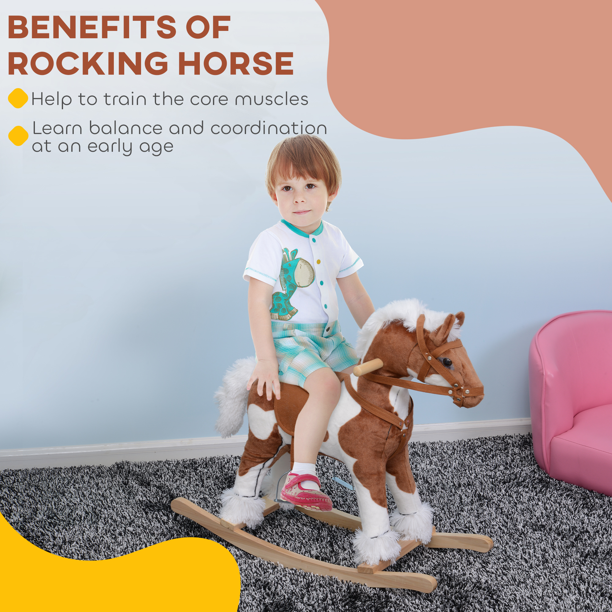 Toddler Rocking Horse, Kids Plush Rocking Chair Toy With Nursery Rhyme Music Brown — imagen 4