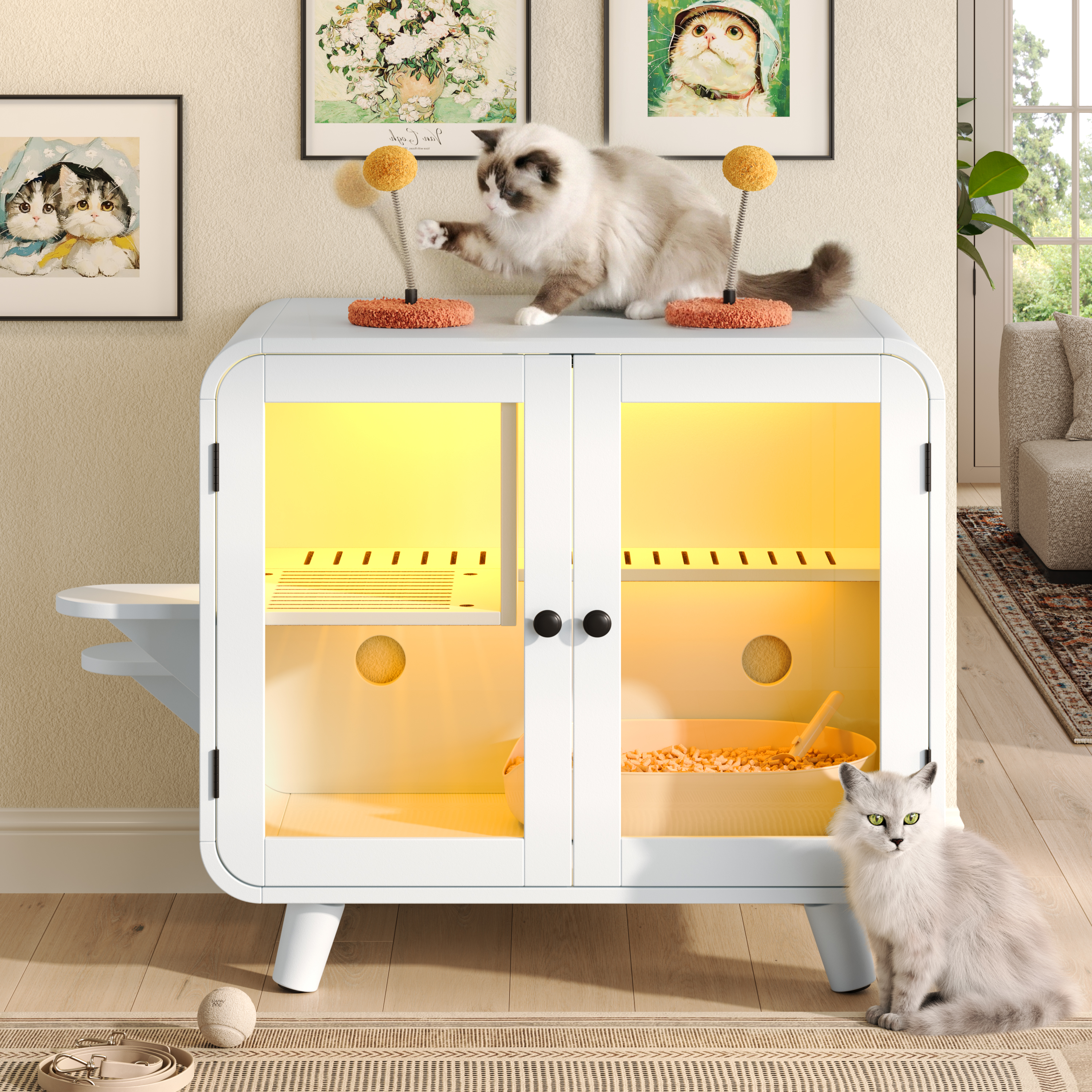 Caja de Limpieza Oculta para Gatos con Luz LED RGB, Casa para Gatos con Escaleras y Juguetes Pom-poms para Diversión, Armario de Baño para Gatos con Paseo Anti-Escamas y Puertas de Vidrio para Mejor Vista, Blanco — imagen 1
