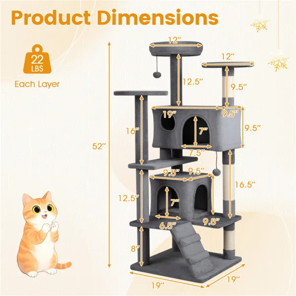 52" Tall Cat Tree Tower With Perches & Condos, Multi-Cat Playground With Scratching Posts (Light Gray) — imagen 4