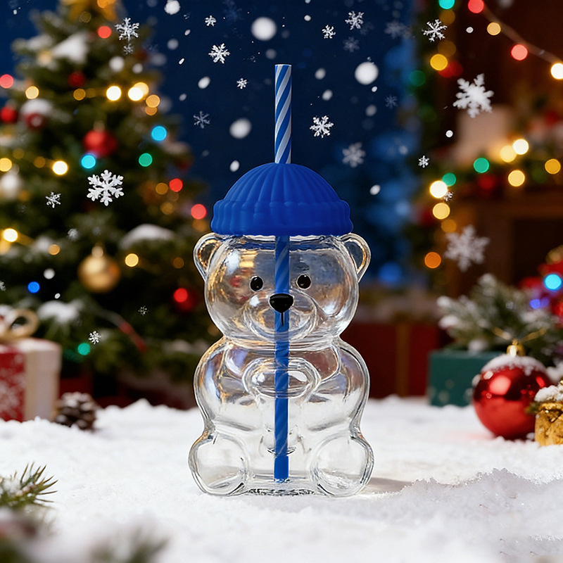 Taza de vidrio en forma de oso de peluche animado para Navidad - Taza con paja grande capacidad — imagen 8