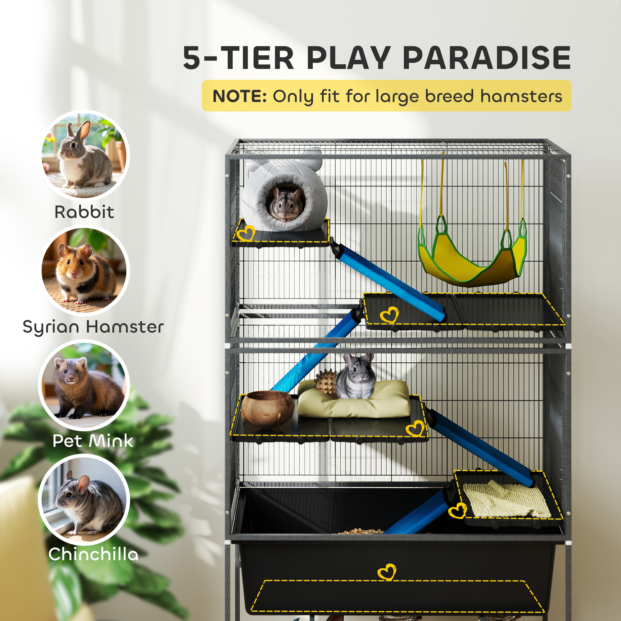 59" 5-Level Small Animal Cage, Rolling Ferret Cage With 6.3" Deep Tray, Non-Slip Cloth Covered Ramps, Hammock, Dark Gray — image 2