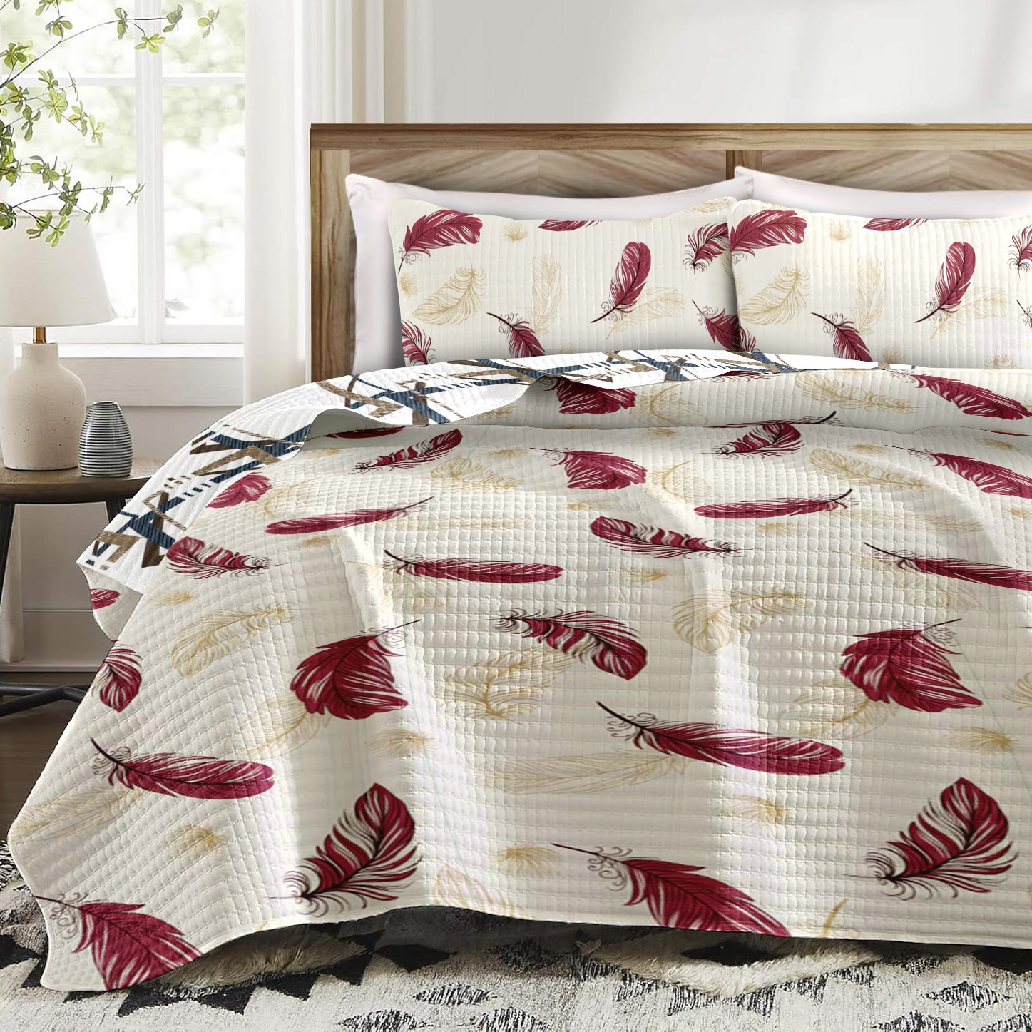9 Piece Room In A Bag Quilt And Curtain Set, US Designer Burgundy Gold Boho Feather Print Heavyweight Bedspread With 6 Customizable Window Panels, Pet-Friendly High GSM Coverlet — image 4