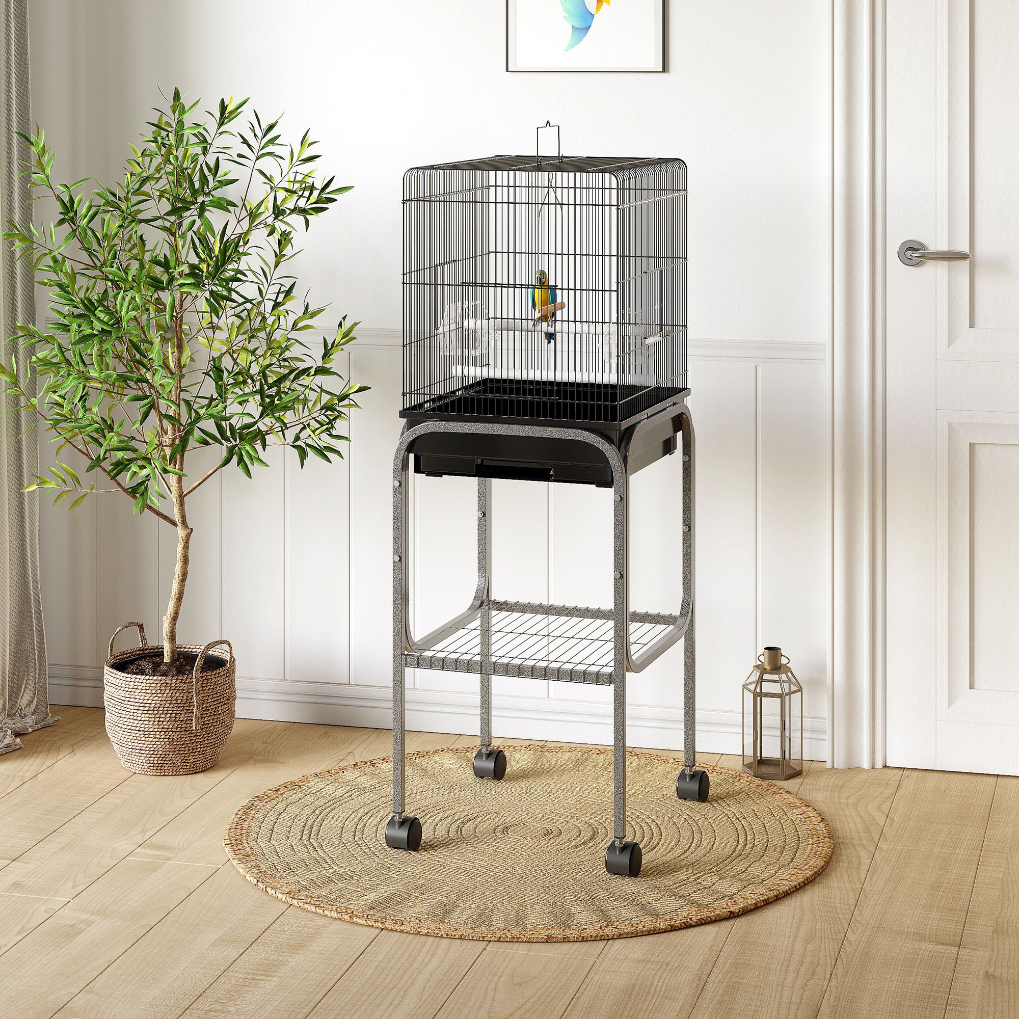 45-inch Metal Indoor Bird Cage, Parrot Cage, Bird Aviary with Detachable Rolling Stand, Storage Basket, and Accessories - Black — image 1
