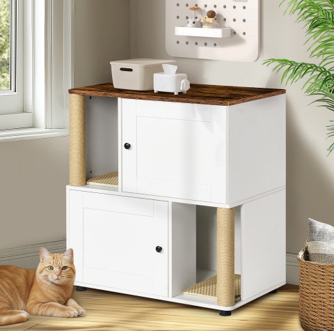 Caja de Limpieza de Gatos Doble con Encierro, Caja de Limpieza para 2 Gatos con Escalera y Estante, Armario para Gatos con Dos Cajas de Arena, Color Blanco Clásico — imagen 4