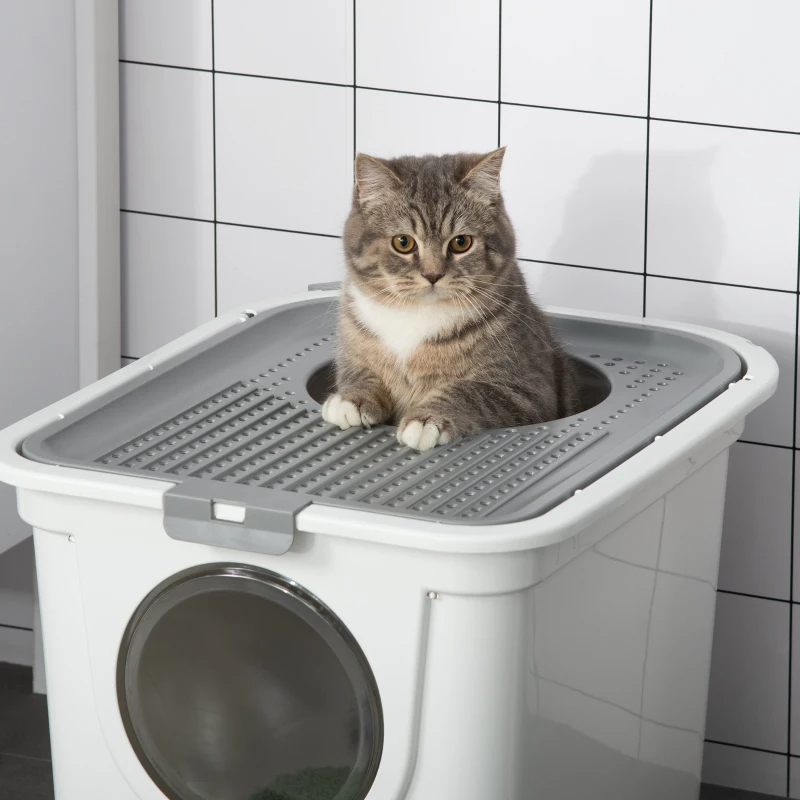Covered Cat Litter Box, Easy Cleaning Kitty Litter Box With Front Entrance, Top Exit, Scoop, For Odor Control, White — image 7