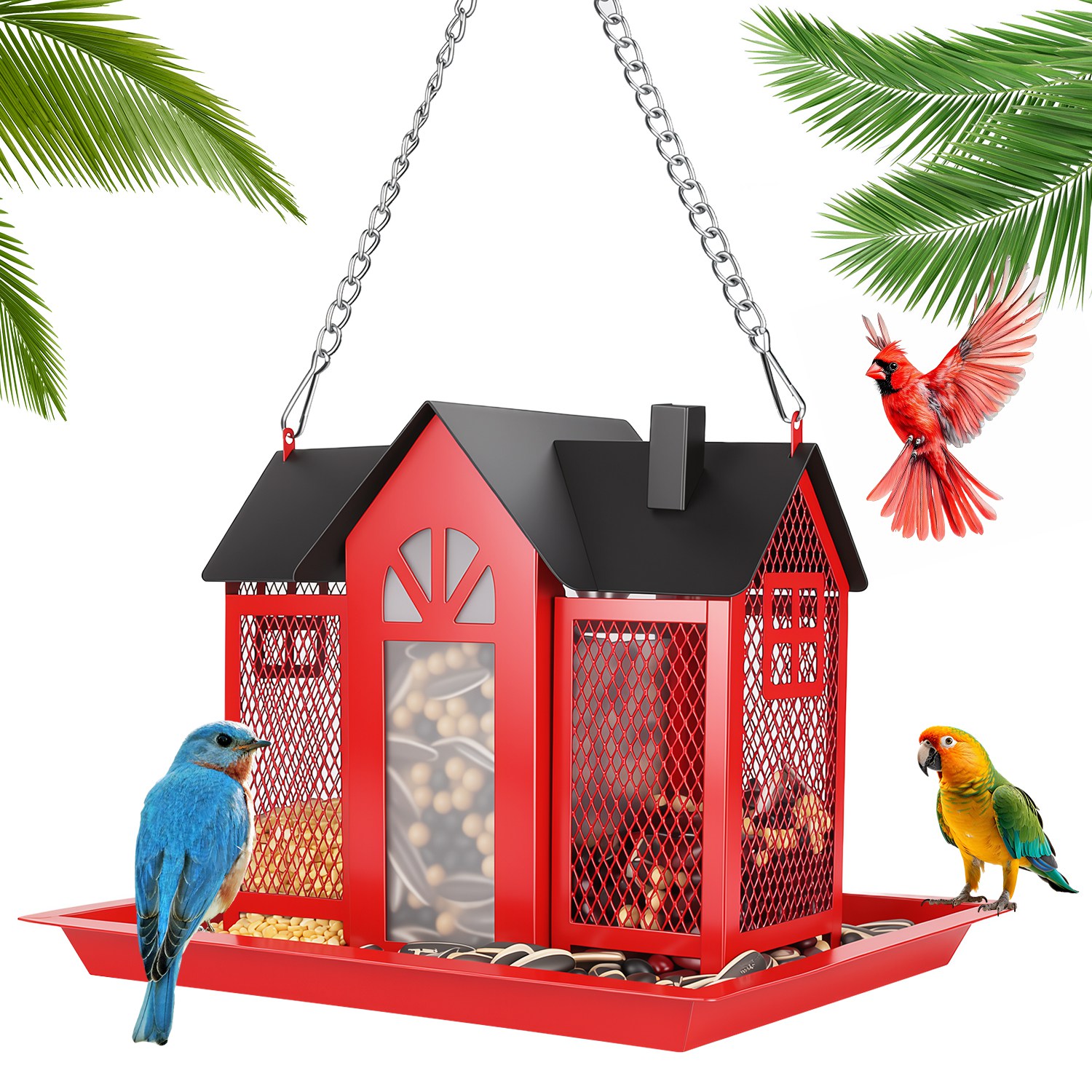 Casa de Comida para Pájaros Colgante Clásico Estilo Granja con Ventana Visible y Tapete Superior de 15,75 Pulgadas — imagen 9