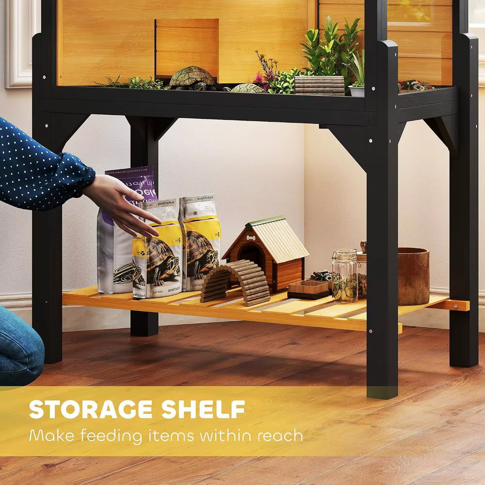 Tortoise Habitat w/Storage Shel, Clear Windows, Lamp Holder Yellow | Wooden Tortoise Enclosure, Openable Top, Built-in Tray, Rep — image 3