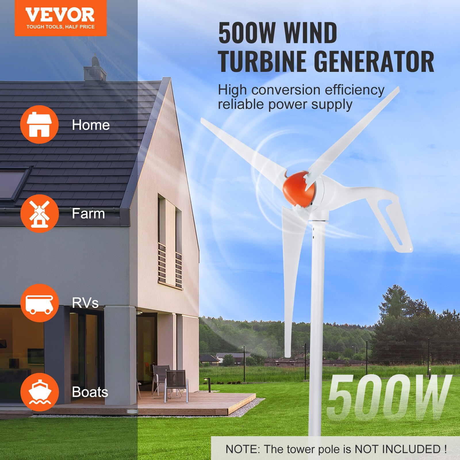 Generador de Turbina Eólica de 500W con Anemómetro, Kit de Turbina Eólica de 12V, Generador de 3 Aspas, Controlador MPPT y Dirección Ajustable al Viento, Ideal para Hogar, Granja, RVs y Embarcaciones — imagen 3